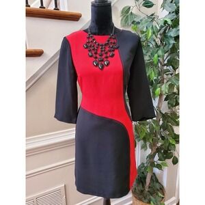 Robbie B Women's Red & Black Polyester Round Neck 3/4 Sleeve Knee Length Dress 6